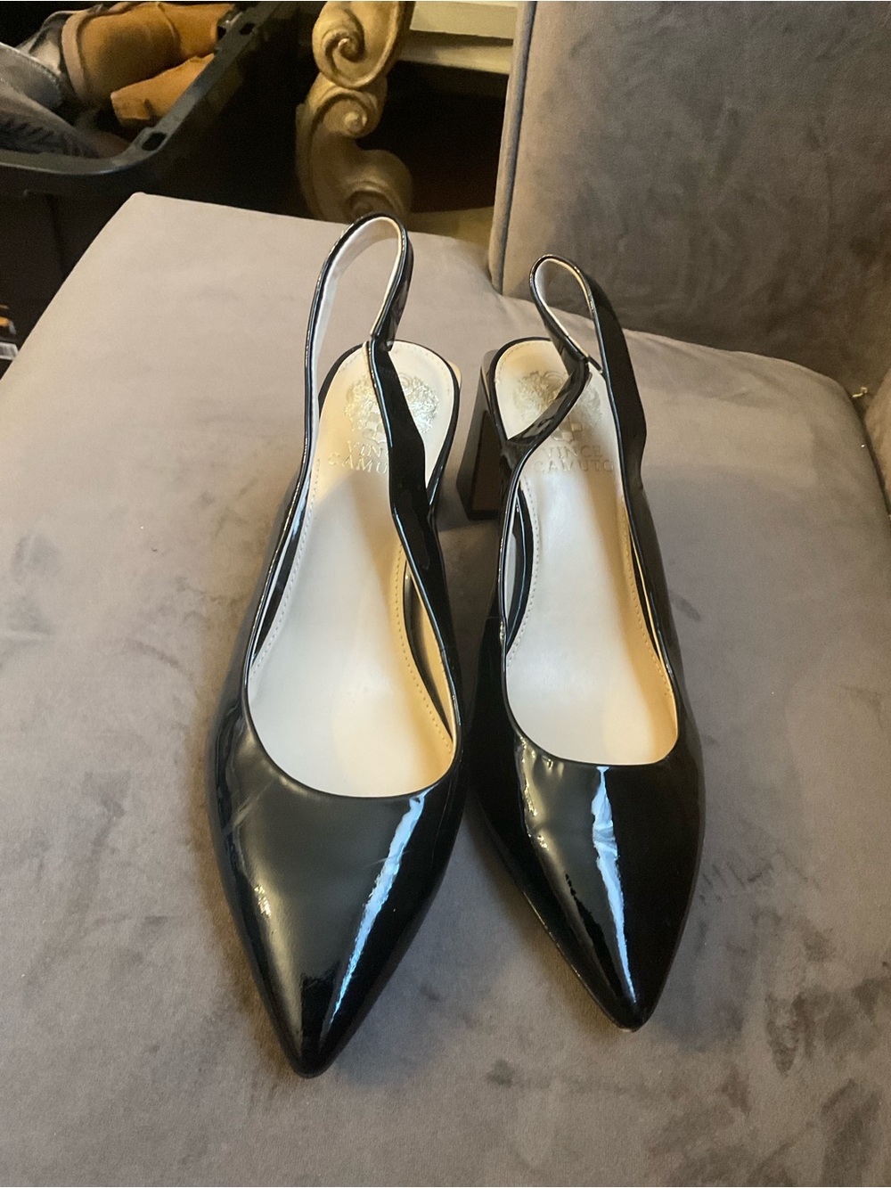 Vince Camuto Black Patent Slingback Pointed Toe Pumps